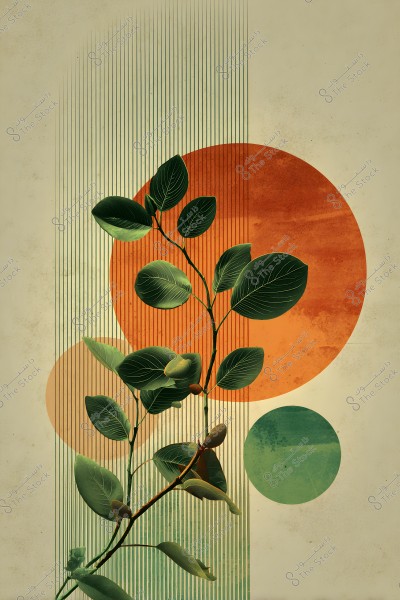 An abstract artistic image combining branches with green leaves with a geometric background featuring circles in orange and light green, along with thin vertical lines. The background creates a striking contrast with the natural colors of the leaves, imparting a modern and harmonious appearance to the image. The design highlights the balance between natural and geometric elements.