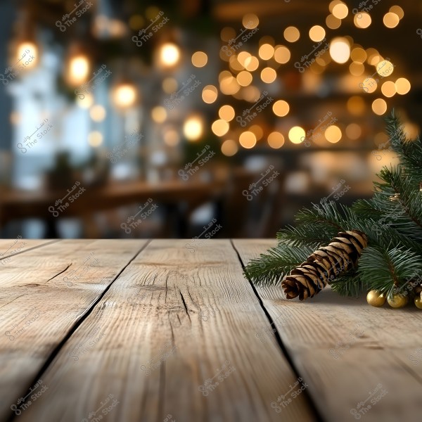 An empty wooden table in the foreground decorated with a Christmas tree branch and pinecone on the right corner. The background features blurred warm, glowing lights, suggesting a festive and cozy atmosphere.
