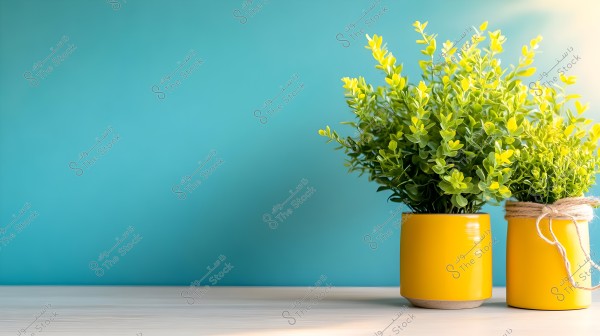 Image of a pair of bright yellow pots on a light wooden surface, containing lush green plants. The background is a light blue wall.