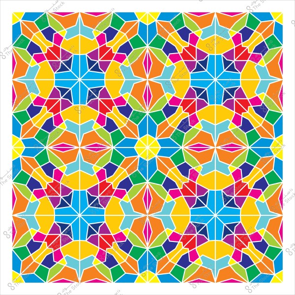 نمط فسيفساء ملون بتصميم هندسي متماثل يتكون من أشكال هندسية متعددة الأضلاع بألوان زاهية مثل الأزرق, الأصفر, الأحمر, الأخضر والبرتقالي, مرتبة في تناغم دقيق يشبه الفن الإسلامي التقليدي.

-