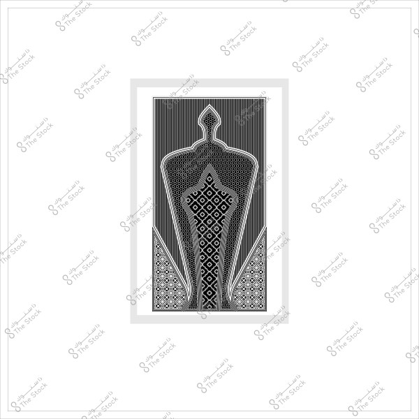 صورة لعمل فني يظهر شكل إنسان مجرد مزين بتصاميم هندسية باللون الأسود والأبيض.