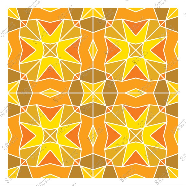 تصميم هندسي ملون بنمط متكرر يتميز بأشكال نجمية مركبة. الألوان المهيمنة هي الأصفر والبرتقالي والبني, تتداخل في تناغم مع حدود بيضاء, مما يخلق مظهراً متناظراً وفنياً.

-