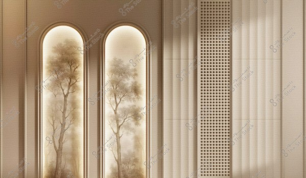 An image of a decorative interior wall featuring two tall arched windows with glass panels depicting tree illustrations, creating a natural and calming atmosphere. To the right, there is a section of the wall with vertical lines and a pattern of circular dots, adding a modern and elegant touch.