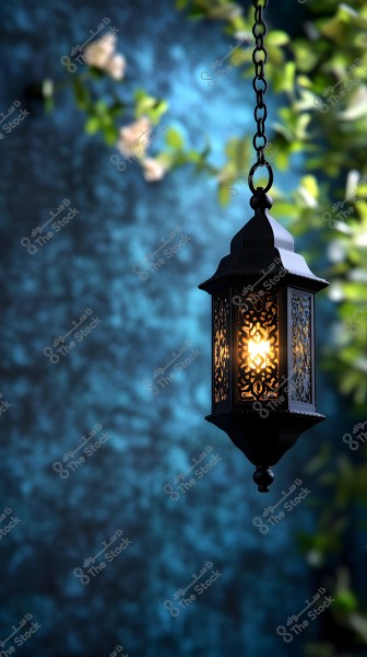 A black ornamental lantern hanging from a chain, glowing with a warm light in the center of the image. The background is a blurry blue with green foliage, enhancing the serene and beautiful atmosphere.