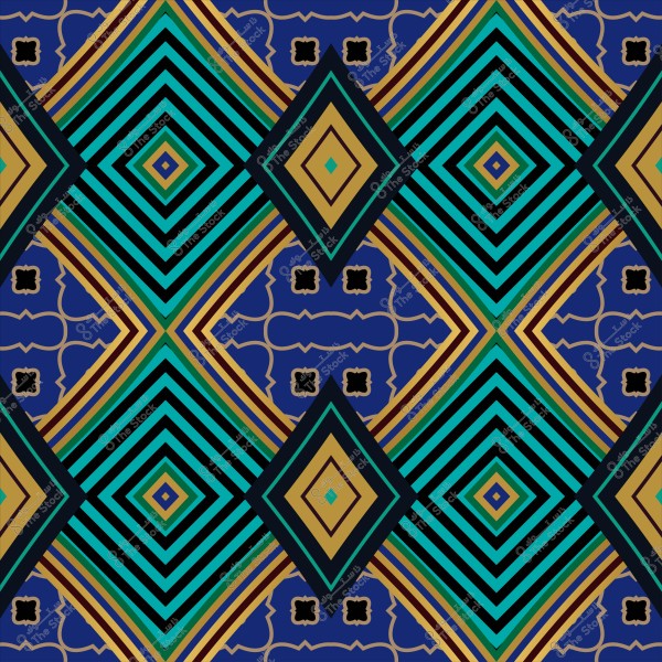 A geometric pattern with multiple colors featuring diamond shapes and intersecting lines.
