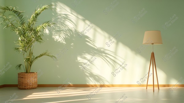 The image displays an interior corner of a room featuring a tall plant in a wicker pot placed on a wooden floor. The wall is painted light green, and soft sunlight casts a shadow of the plant on the wall. Near the plant, there is a floor lamp with a wooden base and a beige lampshade.