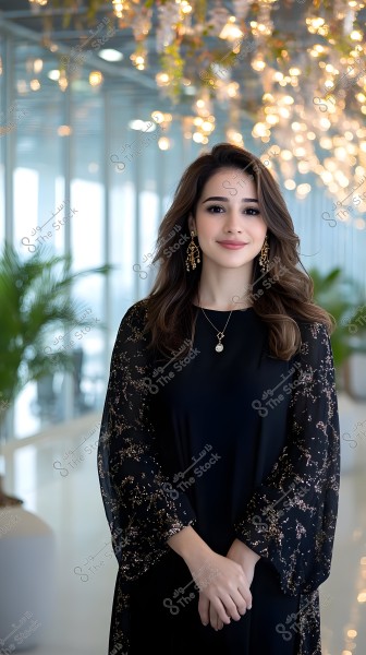 A portrait of a woman wearing an elegant black dress with shiny gold details, standing in a hallway illuminated by decorative lights in the background. The person is smiling and wearing simple jewelry including gold earrings and a necklace. The area is decorated with green plants providing a refreshing and sophisticated ambiance.