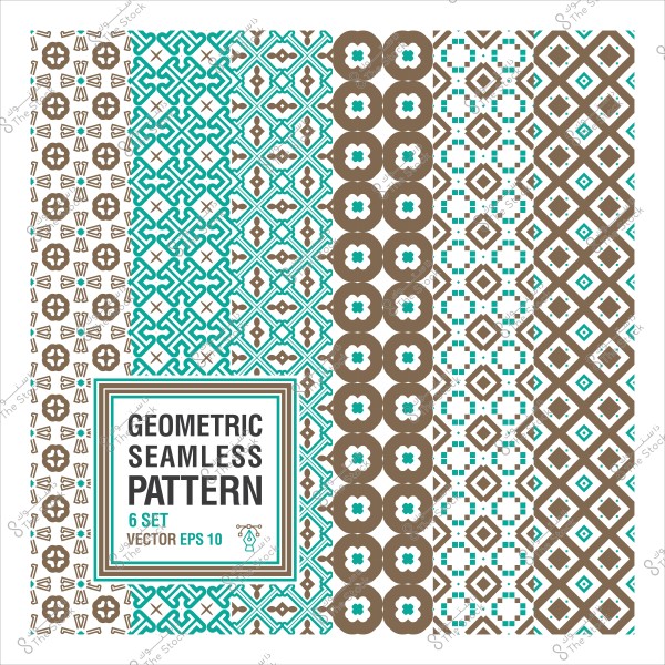 Seamless geometric patterns in brown and blue, featuring six different designs.