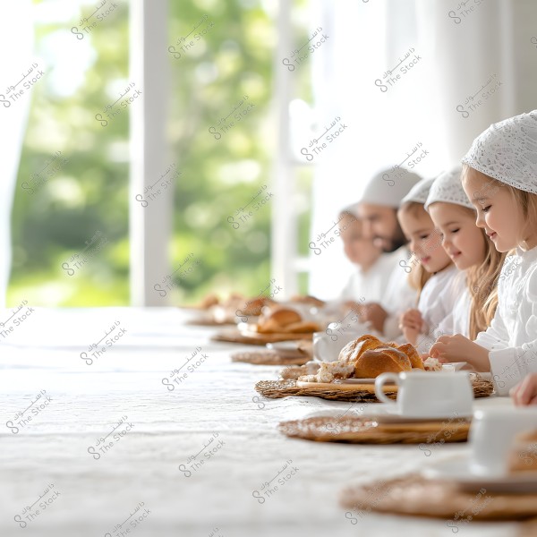 A group of children wearing white outfits with caps, sitting around a table ready to eat in a bright setting. The table is covered with a white cloth and has plates with bread and a cup of tea. An adult in white attire is seated among them in the background.
