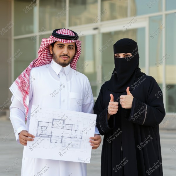 The image shows a man and a woman standing in front of a modern building. The man is wearing a white thobe and a red checkered headscarf, holding a construction blueprint. The woman is wearing a black abaya and a niqab, showing a thumbs-up gesture. They appear to be discussing an architectural project.