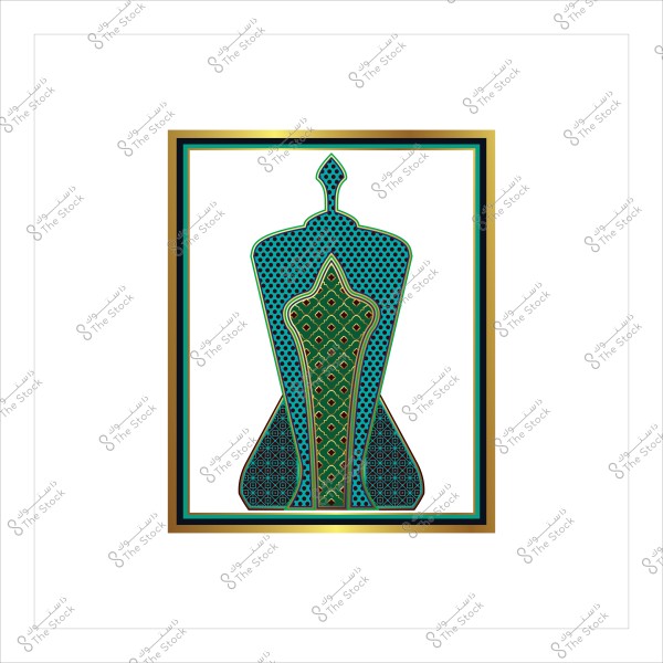 تصميم زخرفي هندسي باللونين الأزرق والأخضر في إطار ذهبي.