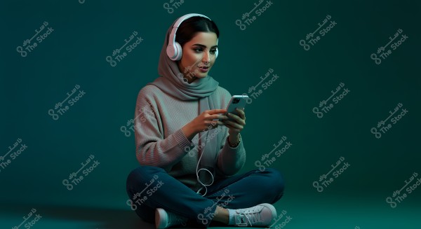 An image of a woman sitting on the floor wearing white headphones, a gray hijab, a long-sleeved sweater, jeans, and white sneakers. She is looking at a mobile phone in her hands in a blue-green colored environment.