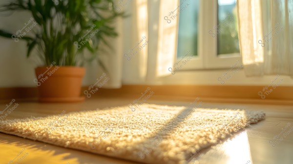The image shows a small beige rug placed on a wooden floor near a window illuminated by warm sunlight. Next to the rug, there is a green plant in a brown flower pot, with shadows cast on the floor from the sunlight.
