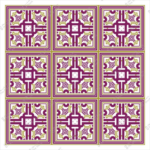 تصميم نمط زخرفي مكون من مربعات متكررة بنقوش هندسية بالألوان الأرجوانية والزيتية.