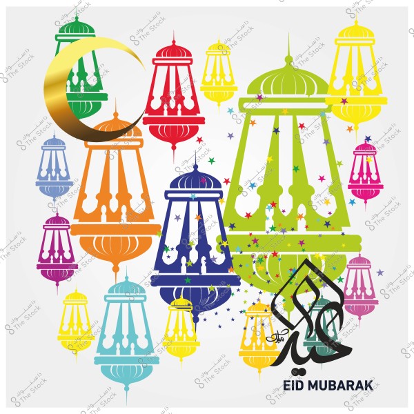 Eid Mubarak image featuring colorful lanterns and a golden crescent moon with \"Eid Mubarak\" text in Arabic and English.