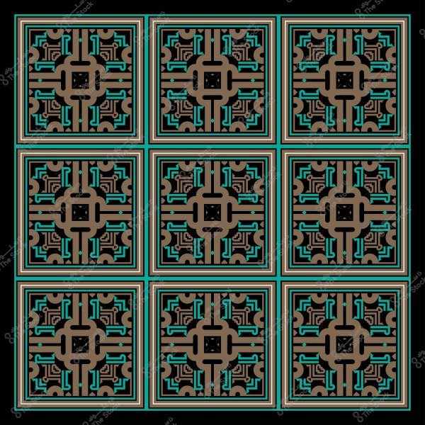 تصميم هندسي نمطي بتكرار تسع بلاطات تحتوي على أشكال متقاطعة بألوان البني والأسود مع تفاصيل باللون الأزرق الفاتح.