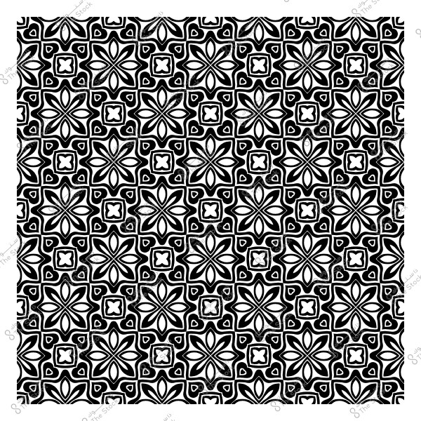 نمط هندسي أبيض وأسود يتكون من أشكال زهرية متكررة وخطوط منحنية.