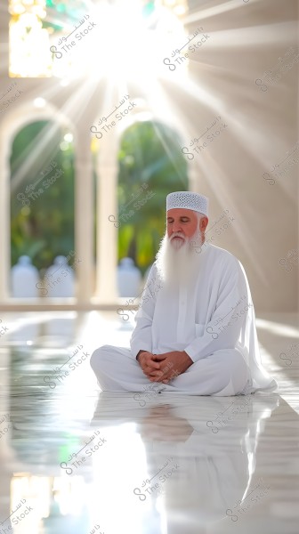 Image of a man sitting in a meditative pose on a smooth floor inside a lit mosque. The man is wearing traditional white clothing and has a white cap on his head. The background features sunlight streaming in through large windows, creating an atmosphere of tranquility and peace.
