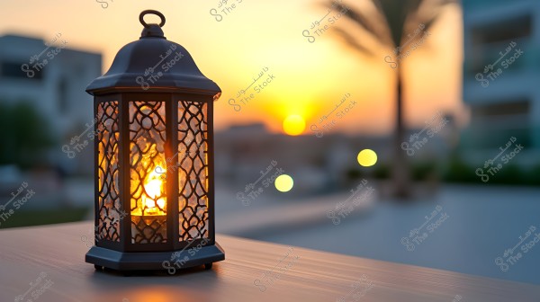 A metallic lantern with a traditional design sits on a wooden table outdoors as the sun sets on the horizon, creating a warm and serene atmosphere. The background features blurred palm trees and buildings, suggesting an Eastern setting.