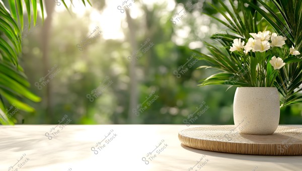 A white ceramic pot containing white flowers and green leaves, placed on a round woven wooden surface. In the background, a blurred natural view of green trees with sunlight shining through.