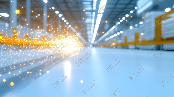 Image of glowing elements resembling golden sparks spreading along a smooth, slick surface in a modern industrial environment. Bright light stands out amidst rows of overhead lights and large, blurred equipment in the background.