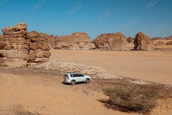 A white SUV parked in a vast desert area, surrounded by large and distinctive rock formations. The sky is clear with a light blue color, highlighting the details of the sandstone rocks. A small shrub is visible at the bottom of the image.