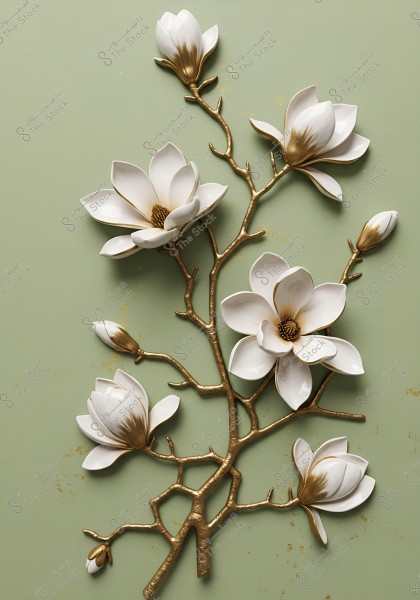 Image of a wall decorated with decorative elements representing large white magnolia flowers and buds, connected to three-dimensional golden branches, showing intricate details of the leaves and petals. The light green background adds an elegant and natural feel.