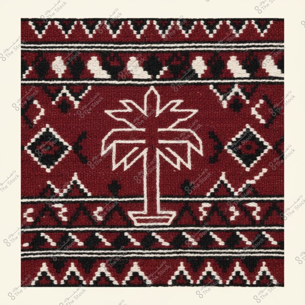 Traditional Gulf style rug textile featuring a palm tree in the center. The pattern is designed in red, black, and white colors, with repetitive geometric shapes throughout the rug.