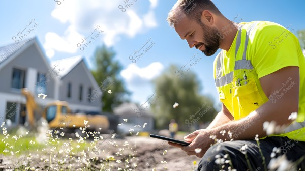 The image shows a man wearing a high-visibility vest sitting in a garden or work site, using a tablet. In the background, there are modern buildings and a construction machine, with small white flowers in the foreground. The atmosphere appears sunny and clear.