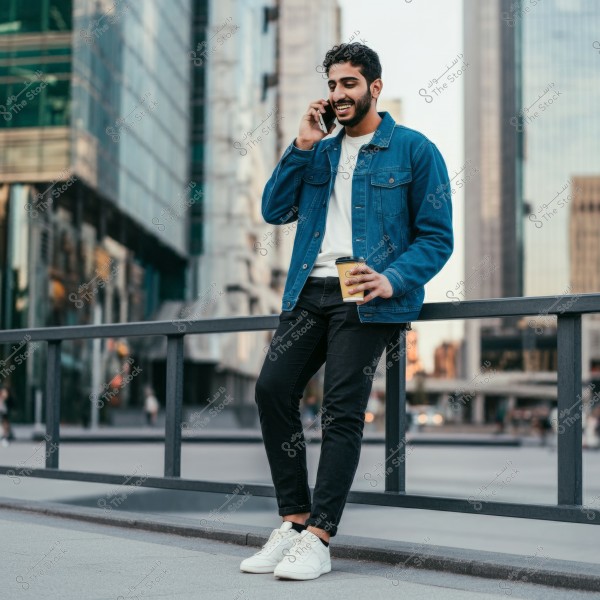 The image shows a man standing in a modern city, wearing a blue denim jacket, white shirt, dark trousers, and white sneakers. He is holding a coffee cup and using a mobile phone with a smile on his face. Tall glass buildings are seen in the background.