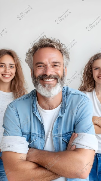 A photo of a group of smiling people. In the foreground is a man with curly hair and a white beard wearing a denim shirt and a white t-shirt. In the background, there are two smiling women wearing casual white clothing. Everyone appears happy and stands against a white background.