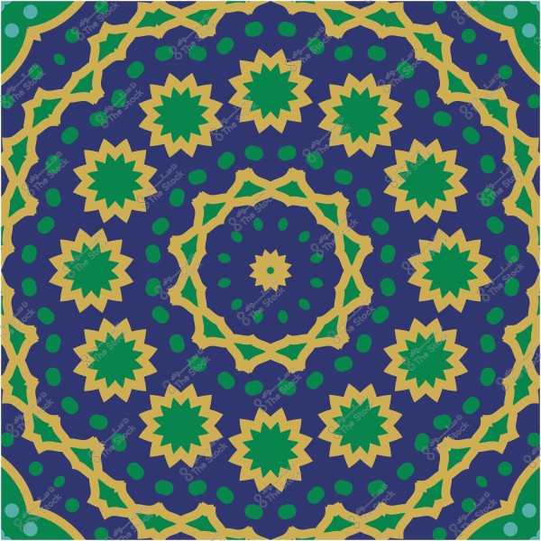 نمط هندسي تقليدي بألوان الأزرق والأخضر والذهبي.