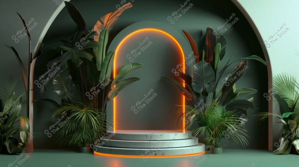 The image depicts a modern interior backdrop with an arched doorway illuminated by orange neon lights. Surrounding the doorway are large, varied plants with multicolored green leaves of different sizes. The floor and walls are a dark green color that aesthetically complements the warm lighting.