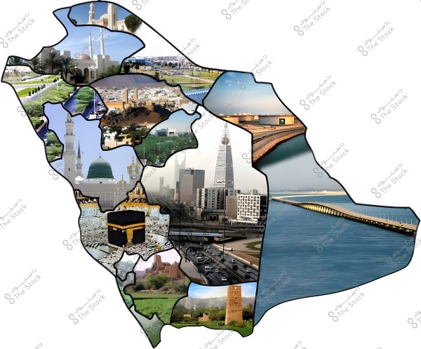 A collage image shaped like the map of Saudi Arabia, featuring prominent landmarks from the region including the Prophet\'s Mosque in Medina, the Kaaba in Mecca, and skyscrapers in Riyadh. The King Fahd Causeway to Bahrain is also visible, along with various landscapes and Saudi cities.