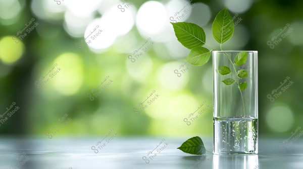 Image of a transparent vase containing water and a small plant branch with bright green leaves. The background is soft and blurred with green hues and light spots, creating a sense of calmness and freshness. There is an additional leaf placed on the surface next to the vase.