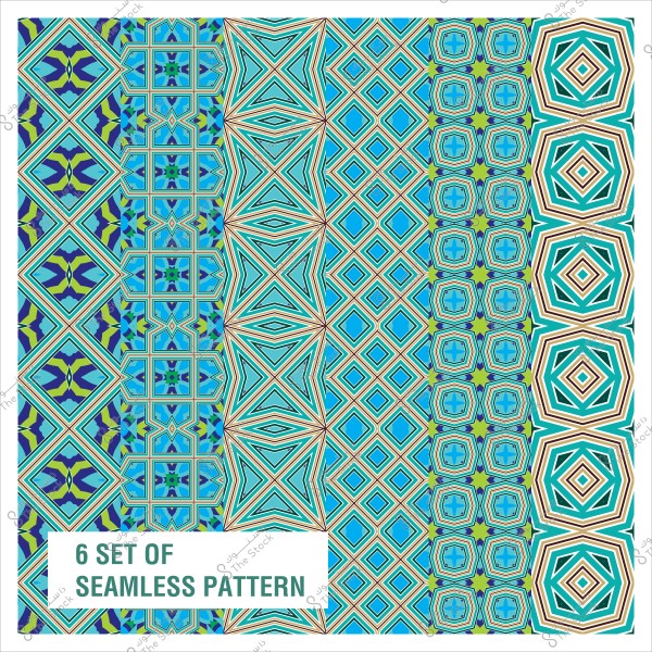 A set of six colorful geometric patterns with different designs, featuring blue and green colors with various details.