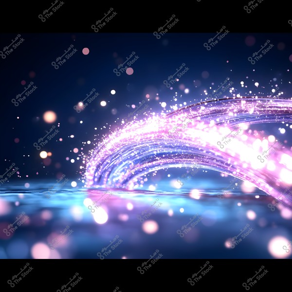 The image displays abstract light effects in shades of purple and blue, consisting of small sparkling particles forming an arch shape over a shiny blue surface. The colors flow in a mesmerizing wave of light, creating a sense of movement and fluidity.