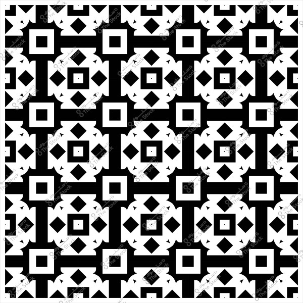 Black and white geometric pattern made of squares and repeating shapes.