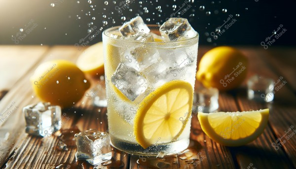 An image of a refreshing drink in a glass with ice cubes and lemon slices. Water droplets are seen splashing in the air, conveying a sense of coolness and freshness. Whole lemons and lemon wedges are scattered around the glass on a wooden table, enhancing the natural and refreshing ambiance of the image.