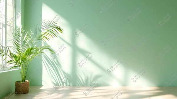 The image shows a corner of a room lit by natural sunlight coming from a window on the left. In the foreground, there is a tall green plant in a woven basket, and to the right, the plant\'s shadow is cast on a light green painted wall.
