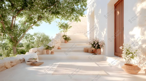 The image depicts an exterior entrance of a house adorned with natural and elegant decor. There are wicker baskets and blooming flower pots on either side of the stone-built white stairs. A large tree provides shade, creating a peaceful and rustic atmosphere. The door is made of wood and is surrounded by a light-colored stone wall, blending seamlessly with the scenic natural background.