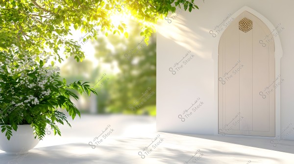 The image shows sunlit green plants in the foreground on the left, placed in a white pot. On the right, there is an arched door with an Islamic decorative design on a white wall. Sunlight filters through the leaves, casting beautiful shadows on the floor.