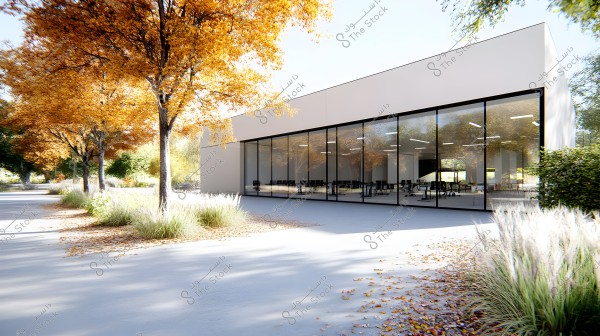 A modern building with a large glass facade reflecting the beautiful autumn scenery of trees with orange leaves. The trees line the path leading to the building, covering the ground with shadows and fallen leaves. Green plants and grasses enhance the natural setting surrounding the building.