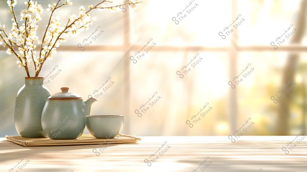 An image of a ceramic tea set placed on a wooden table under soft natural lighting. The set includes a teapot, a cup, and a vase containing white blossoms with open petals. The bright background resembles a sunlit window, adding a calm and serene ambiance to the image.