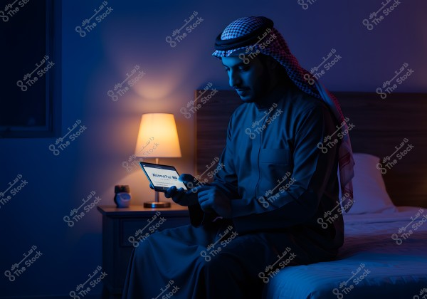 An image of a man sitting in a cozy room with warm lighting, wearing traditional clothing and a headscarf. He appears to be using a tablet, possibly researching or reading. A dimly lit lamp is on the bedside table next to the bed.