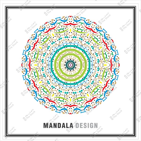 تصميم ماندالا ملون بتفاصيل هندسية ونقوش متداخلة بالأحمر والأخضر والأزرق.