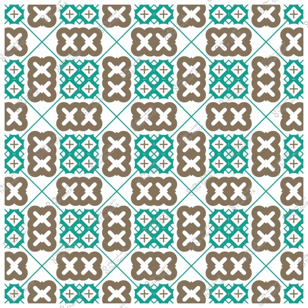 نمط هندسي ملون بأشكال متكررة وزخارف بُنية وزرقاء على خلفية بيضاء.