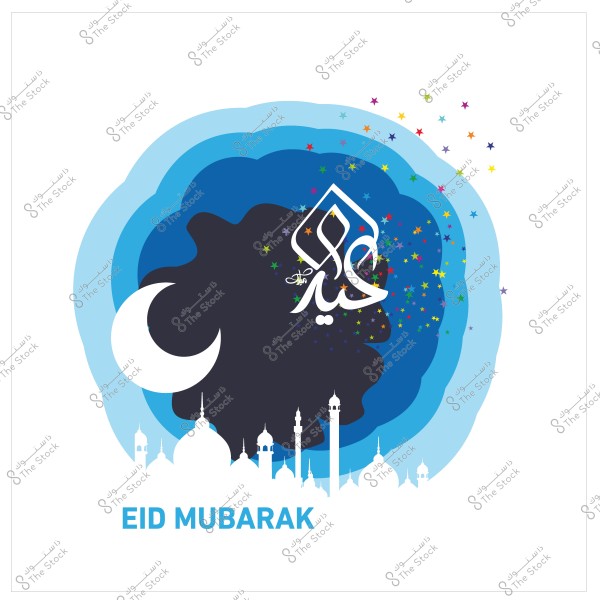 A design celebrating Eid al-Fitr or Eid al-Adha, with the phrase \"Eid Mubarak\" and a crescent moon and minarets in the background.