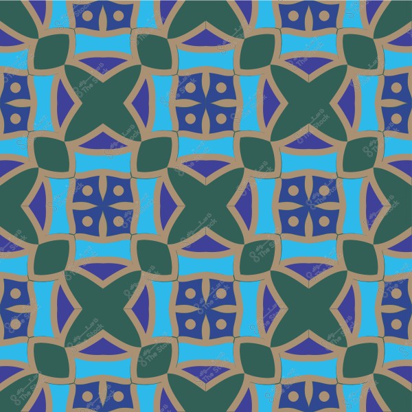 نمط هندسي متعدد الألوان يتضمن أشكالاً متداخلة باللون الأخضر والأزرق والبيج.