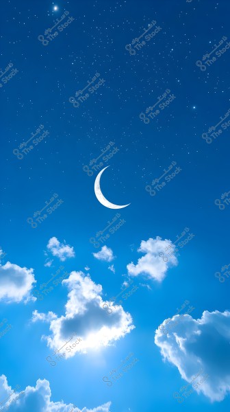 A clear blue sky featuring a full white crescent moon surrounded by numerous small shining stars. The lower part of the image is scattered with thin white clouds that reflect soft sunlight.